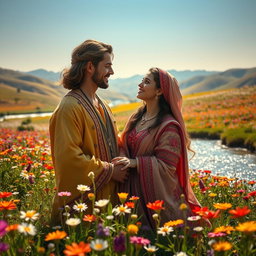 A romantic scene depicting an ancient Iranian couple deeply in love, set in a vibrant meadow filled with colorful flowers, next to a picturesque spring