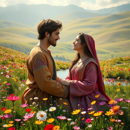A romantic scene depicting an ancient Iranian couple deeply in love, set in a vibrant meadow filled with colorful flowers, next to a picturesque spring