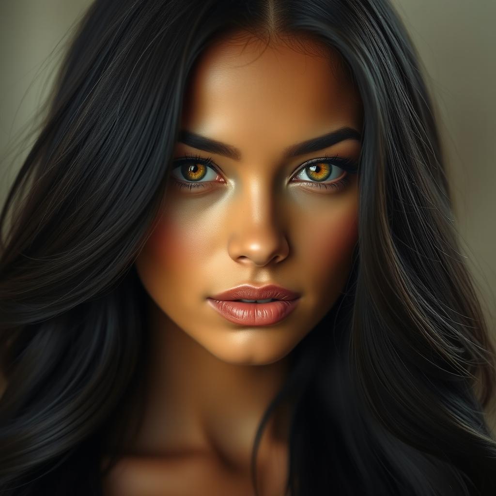 A stunning woman with black hair that cascades elegantly around her