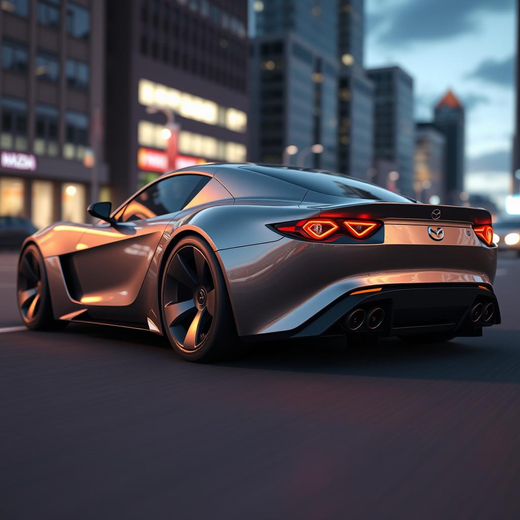 A highly detailed 3D model of a futuristic Mazda sports car that closely resembles the iconic RX7 FD, featuring sleek aerodynamic lines and a modern aesthetic