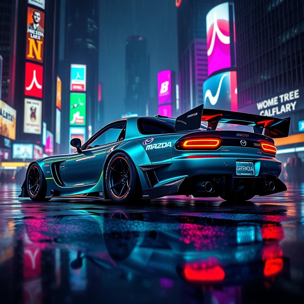 A futuristic cyberpunk-styled Mazda RX7 FD, showcasing vibrant neon colors and high-tech modifications
