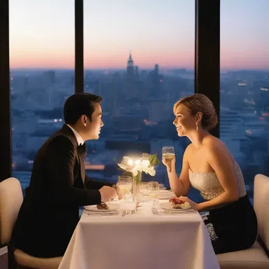 The couple enjoyed a romantic dinner date at a restaurant with an amphitheatrical view overlooking the city.