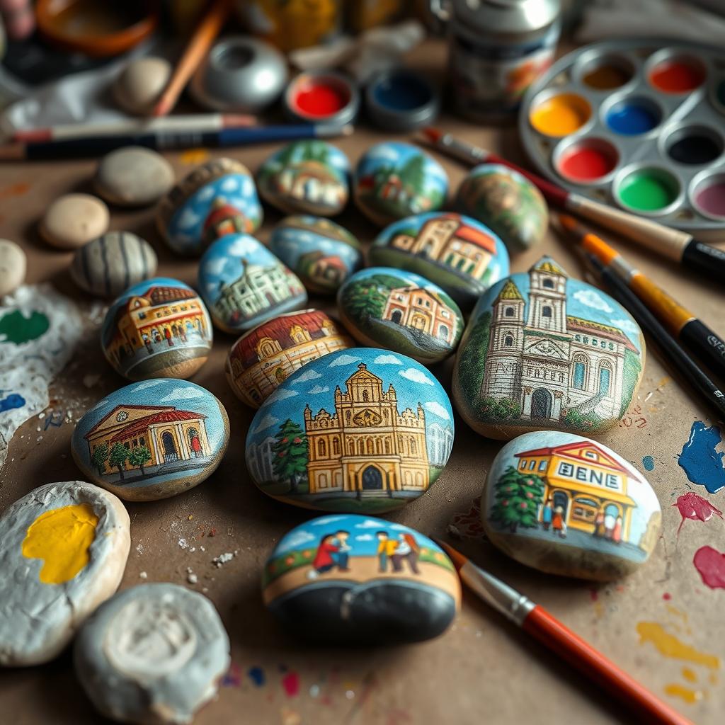 A collection of hand-painted smooth stones and pebbles depicting charming miniature scenes from Caloocan, showcasing famous markets bustling with activity, beautiful churches with intricate details, and vibrant everyday street scenes featuring local life