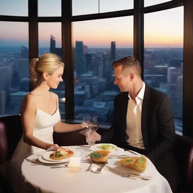 The couple enjoyed a romantic dinner date at a restaurant with an amphitheatrical view overlooking the city.