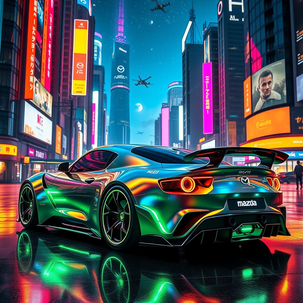 A futuristic Mazda RX-7 FD in a vibrant, neon-lit cityscape