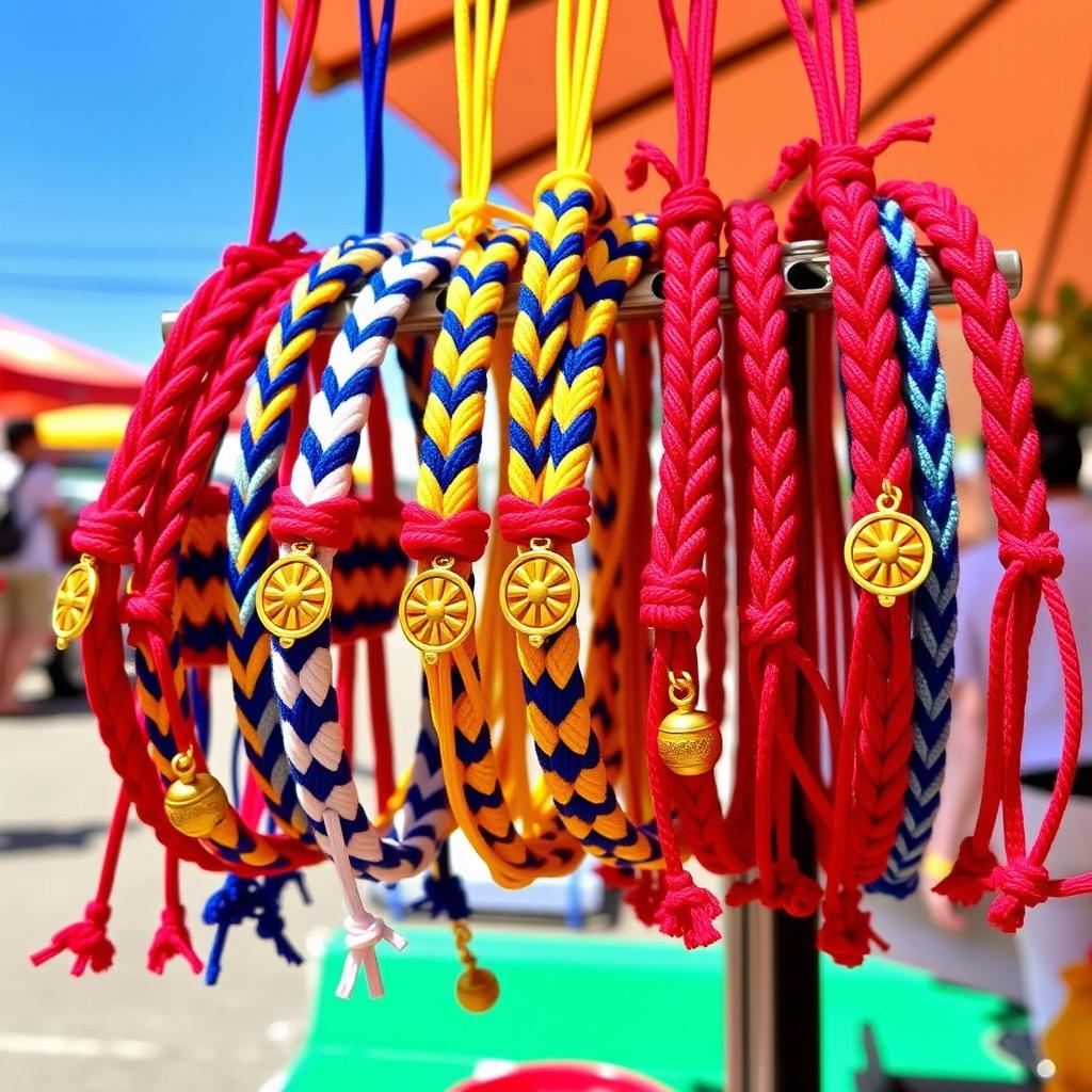 A vibrant and colorful display of braided bracelets inspired by Filipino culture, featuring bold red, blue, yellow, and white threads woven together