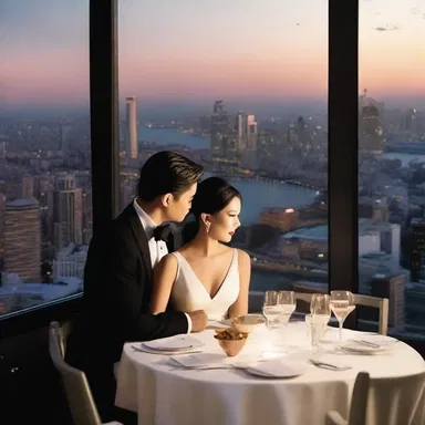The couple enjoyed a romantic dinner date at a restaurant with an amphitheatrical view overlooking the city.