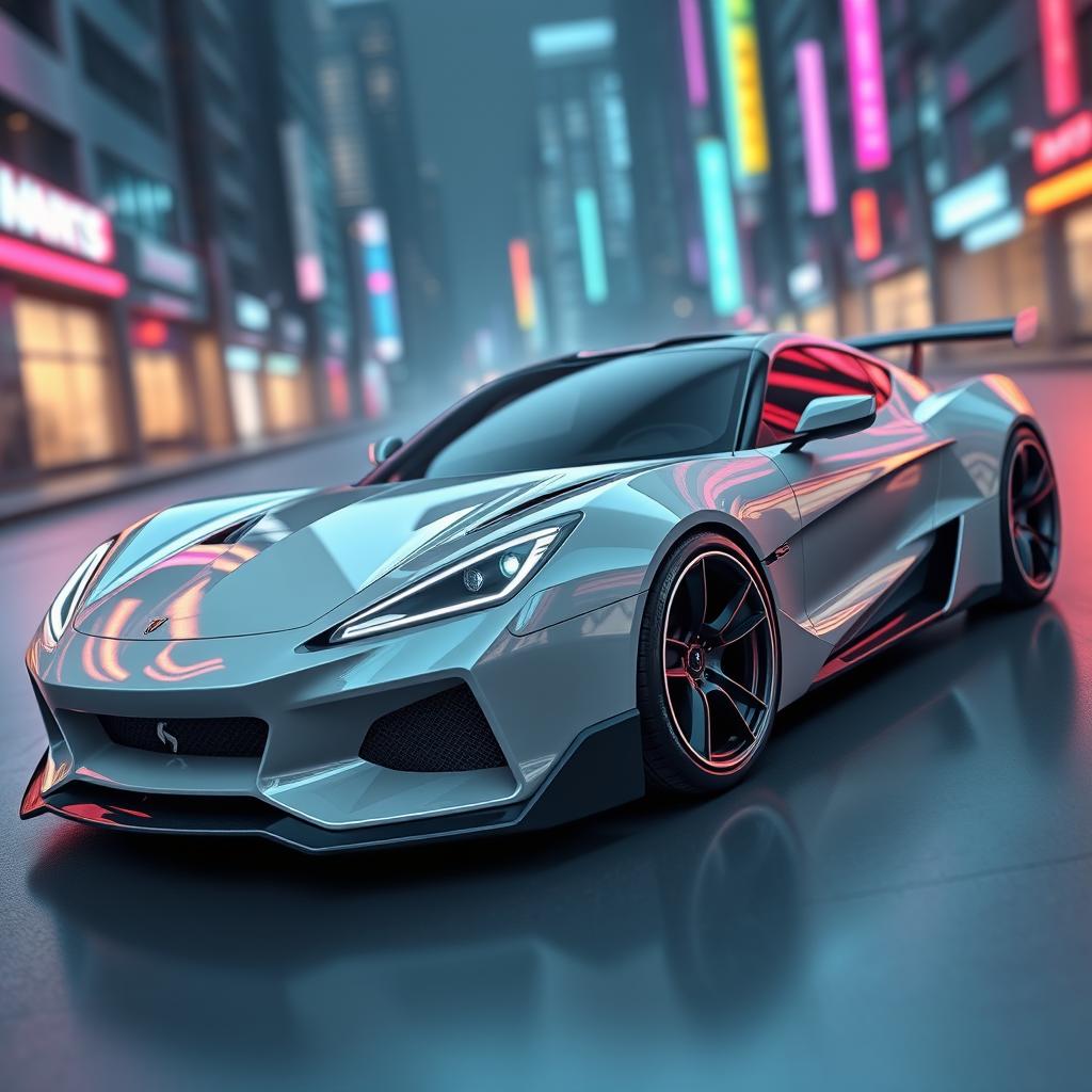 A sleek and futuristic 3D model of a sports car inspired by the design elements of the RX7 FD, reimagined with modern features and cutting-edge technology