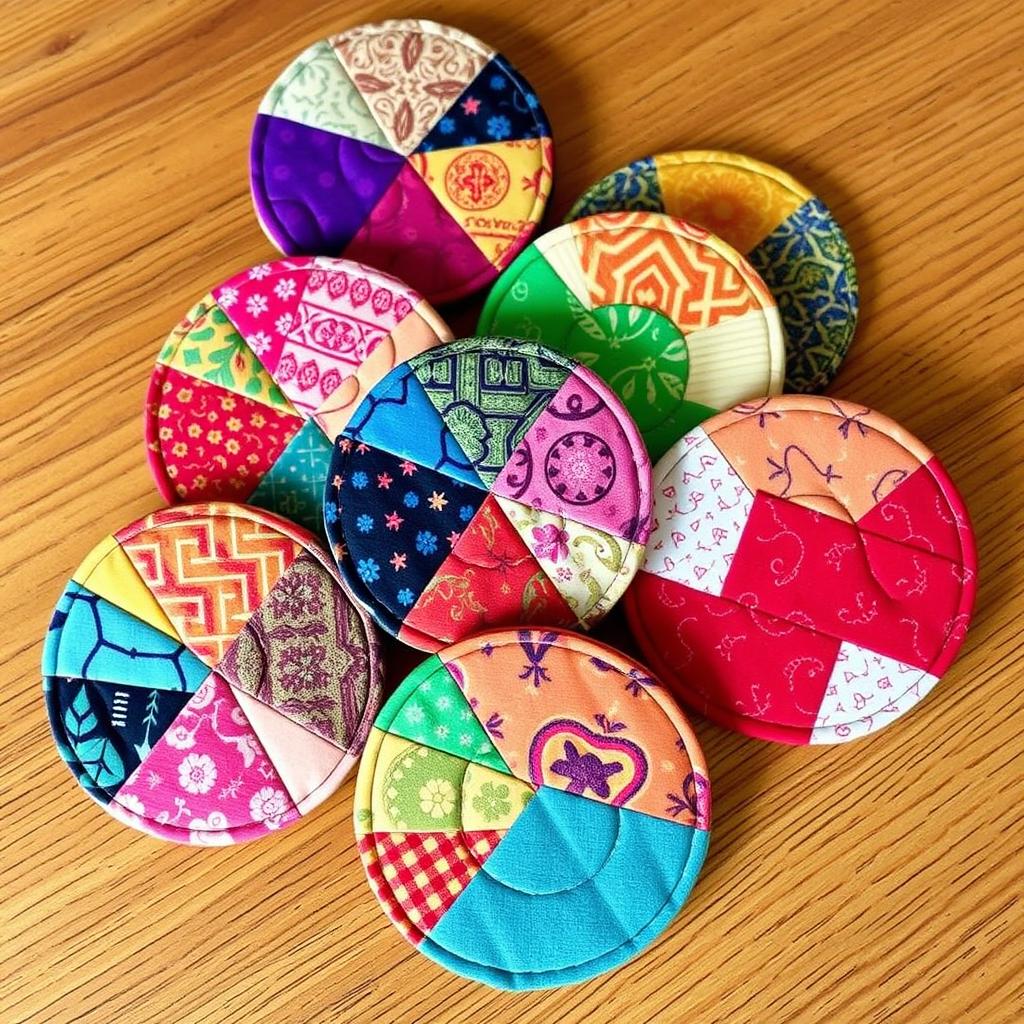 A collection of vibrant upcycled patchwork coasters made from various fabric scraps sourced from local tailors in Caloocan