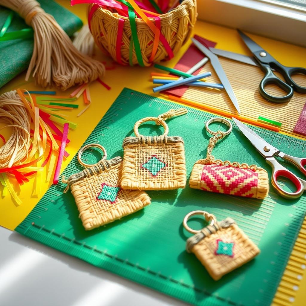 A detailed tutorial scene showcasing the process of weaving miniature bayong keychains, highlighting traditional Filipino market bags made from abaca twine and colorful plastic strips