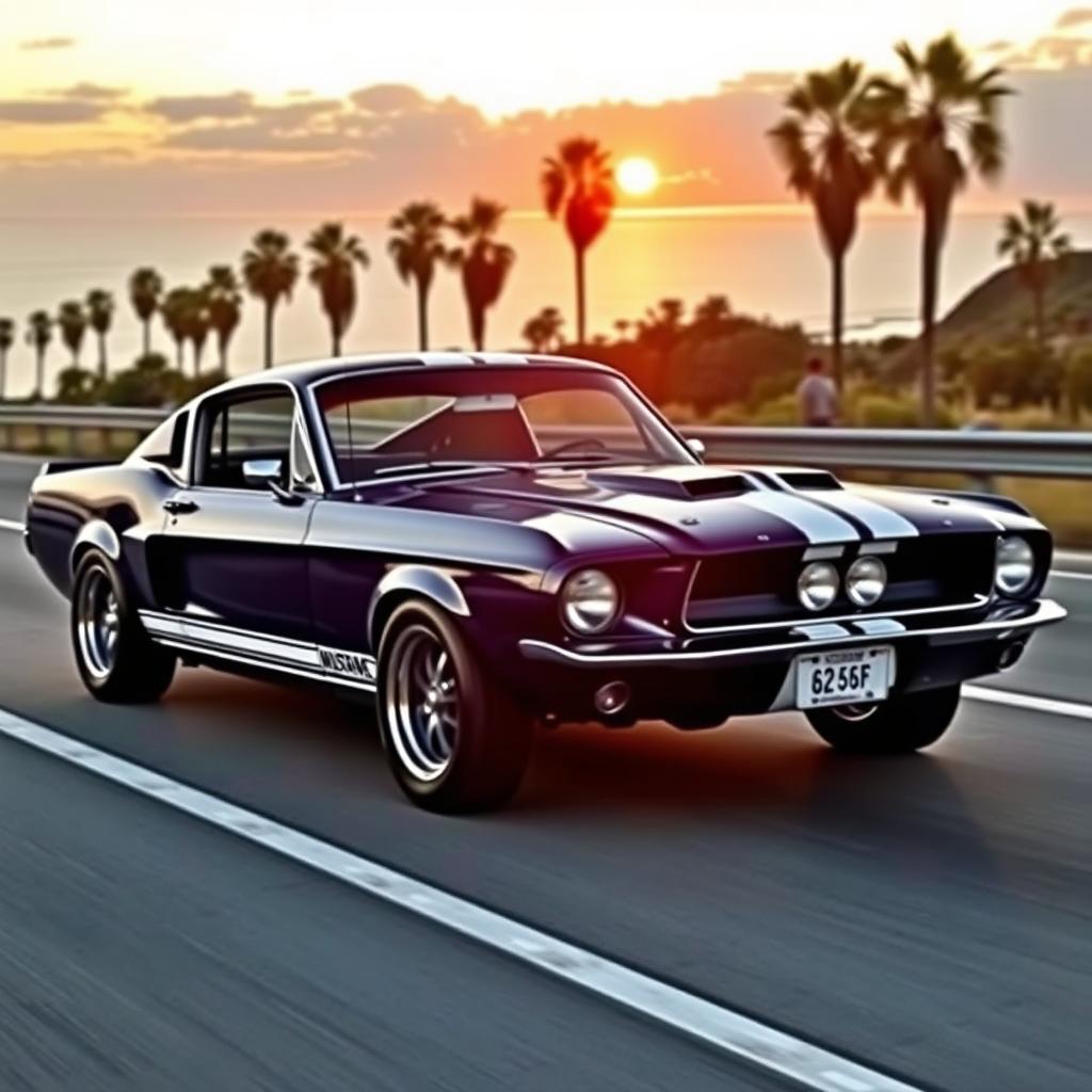 A stunning 1967 Mustang Eleanor, painted in a deep midnight blue with two striking white racing stripes, parked on a scenic California highway
