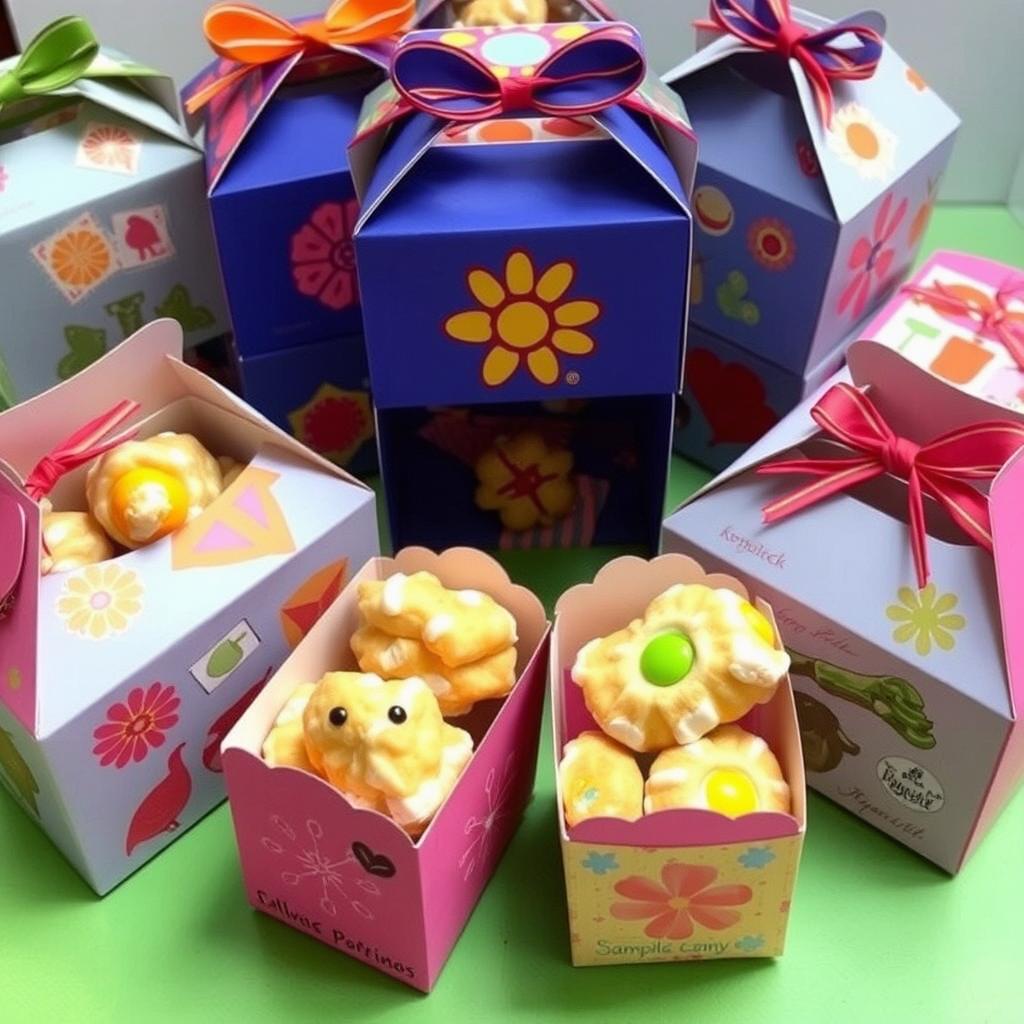 A collection of hand-decorated Filipino snack treat boxes, beautifully designed with vibrant colors and unique patterns