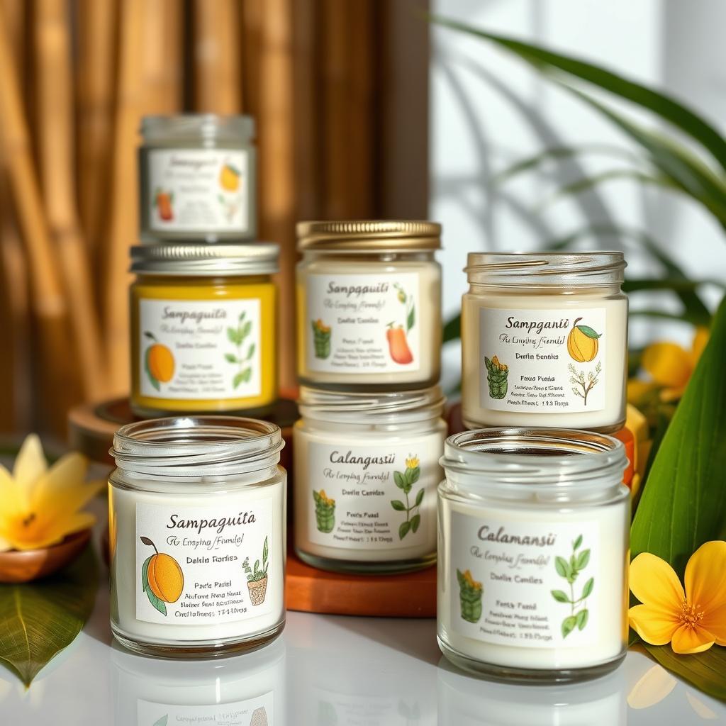 A beautifully arranged display of handmade soy candle sets inspired by the scents of the Philippines