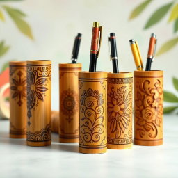 A collection of bamboo pen holders featuring intricate carved designs, showcasing craftsmanship and creativity