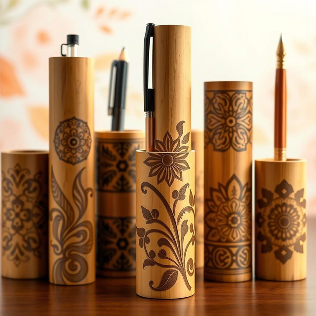 A collection of bamboo pen holders featuring intricate carved designs, showcasing craftsmanship and creativity