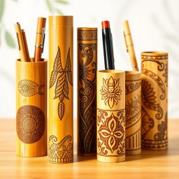 A collection of bamboo pen holders featuring intricate carved designs, showcasing craftsmanship and creativity