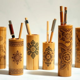 A collection of bamboo pen holders featuring intricate carved designs, showcasing craftsmanship and creativity