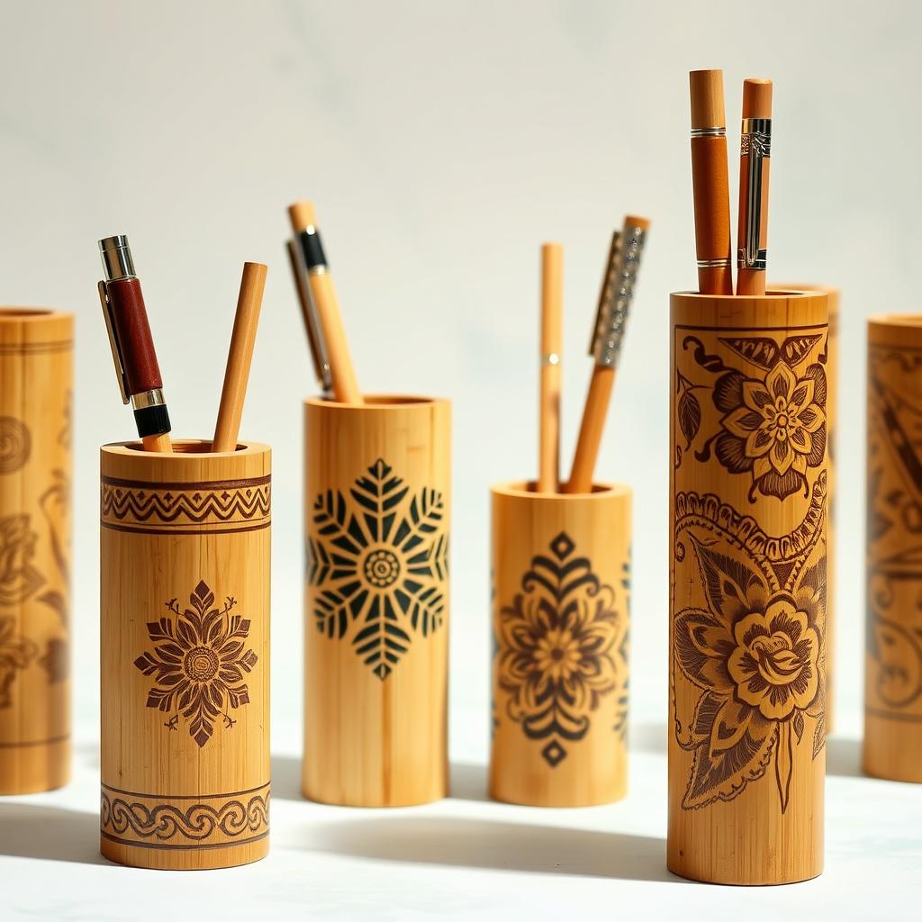 A collection of bamboo pen holders featuring intricate carved designs, showcasing craftsmanship and creativity