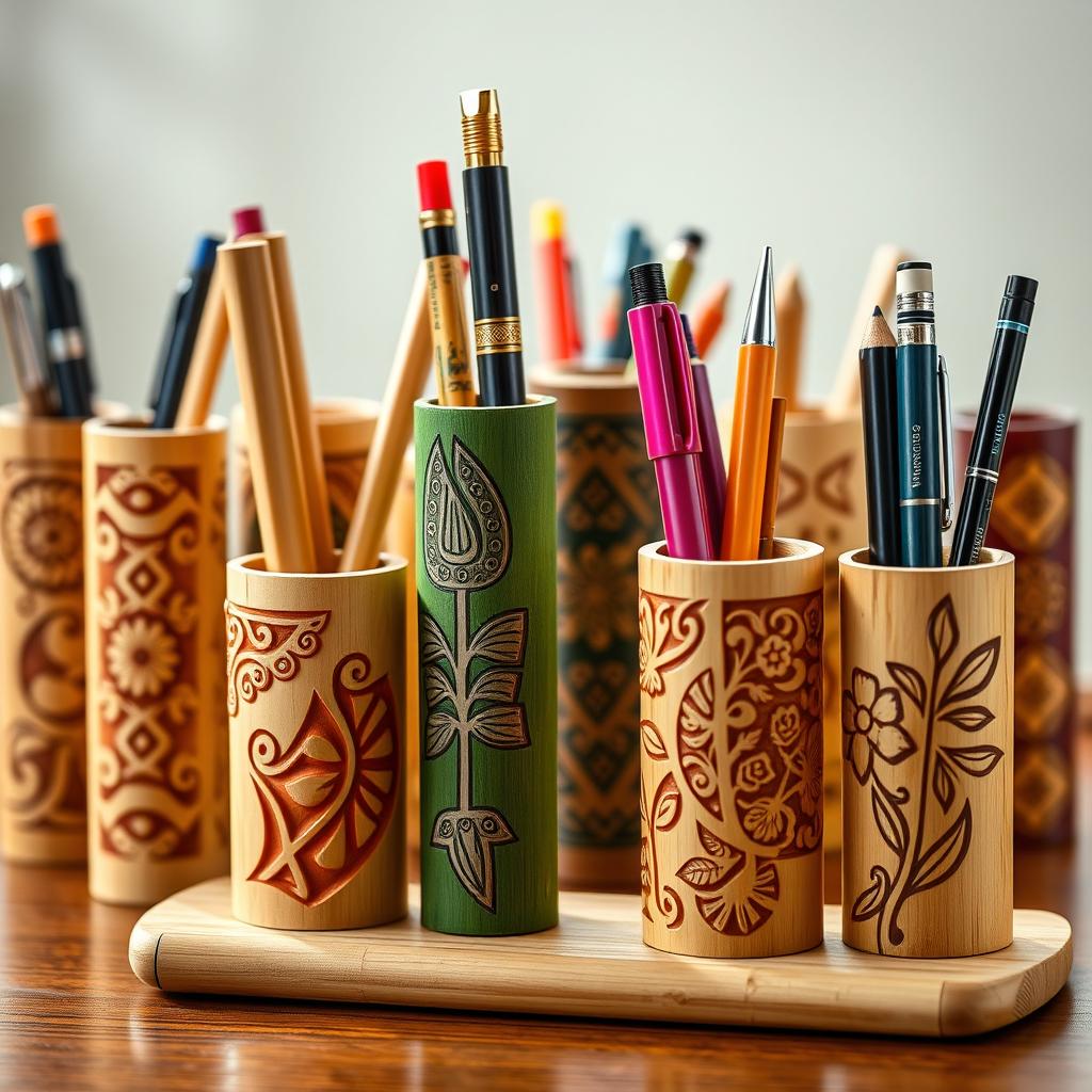 A collection of bamboo pen holders featuring intricate carved designs inspired by Filipino culture