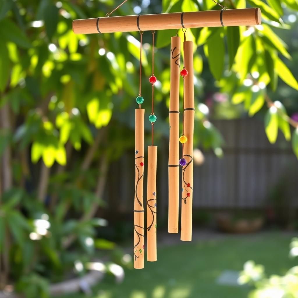 A set of simple bamboo wind chimes, beautifully crafted from natural bamboo pieces, suspended from a wooden frame