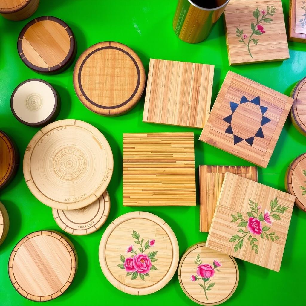 Bamboo coasters and trivets crafted from cut bamboo, featuring a variety of rounds and squares
