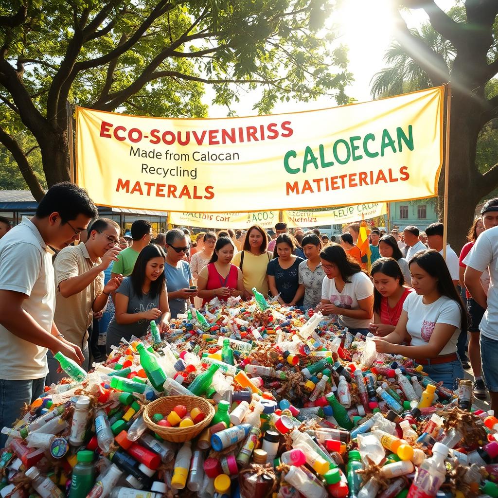A vibrant community clean-up scene in Caloocan where cheerful volunteers collect clean plastic waste such as bottles and caps
