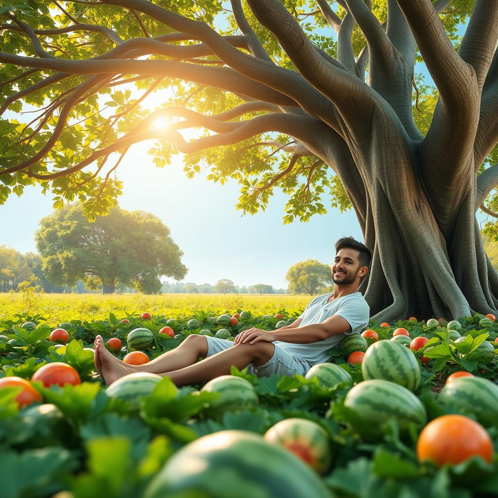 A serene scene depicting a man sitting comfortably in a lush watermelon field, surrounded by vibrant green plants and ripe, juicy watermelons