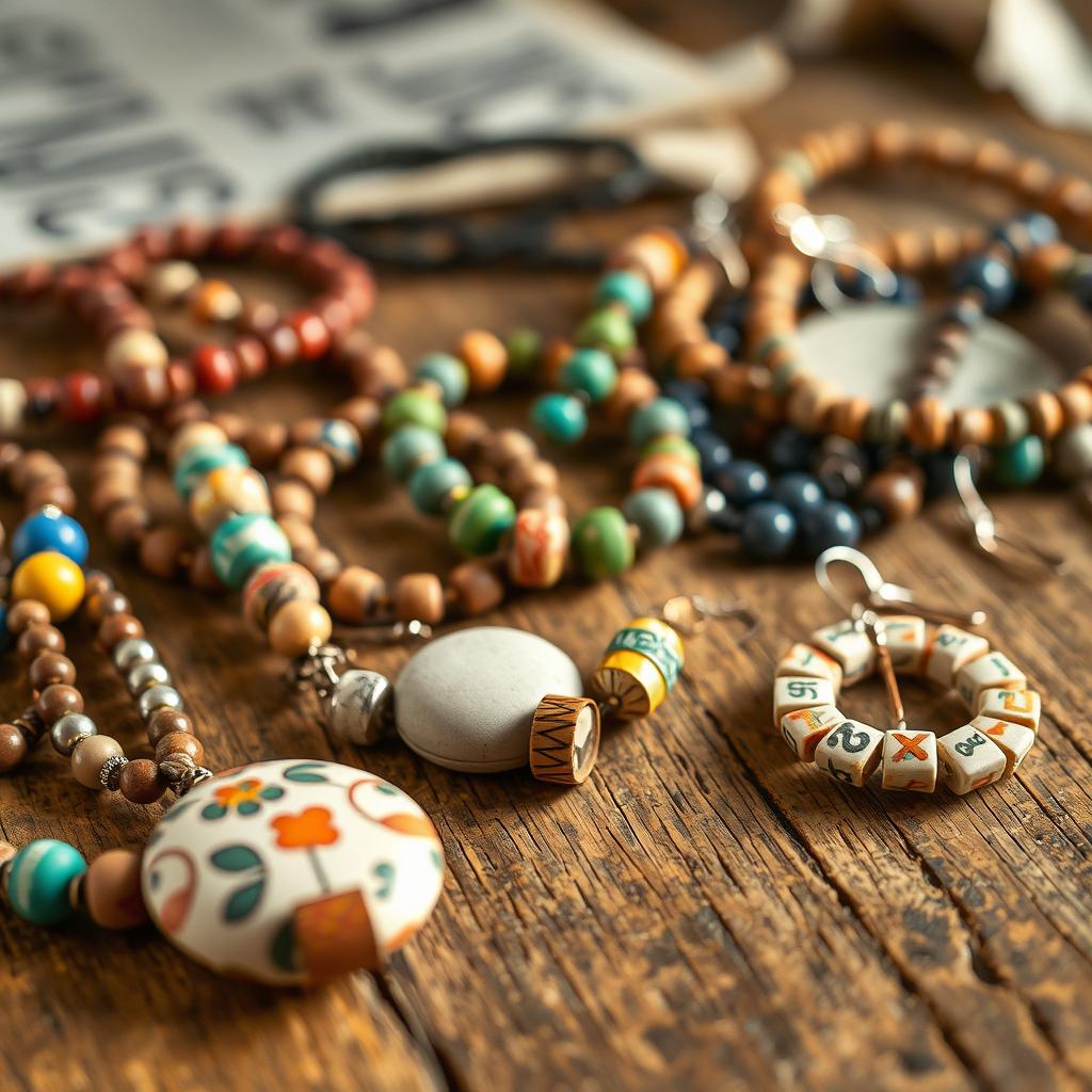 A close-up shot of handmade jewelry featuring unique newspaper beads, arranged on a rustic wooden table