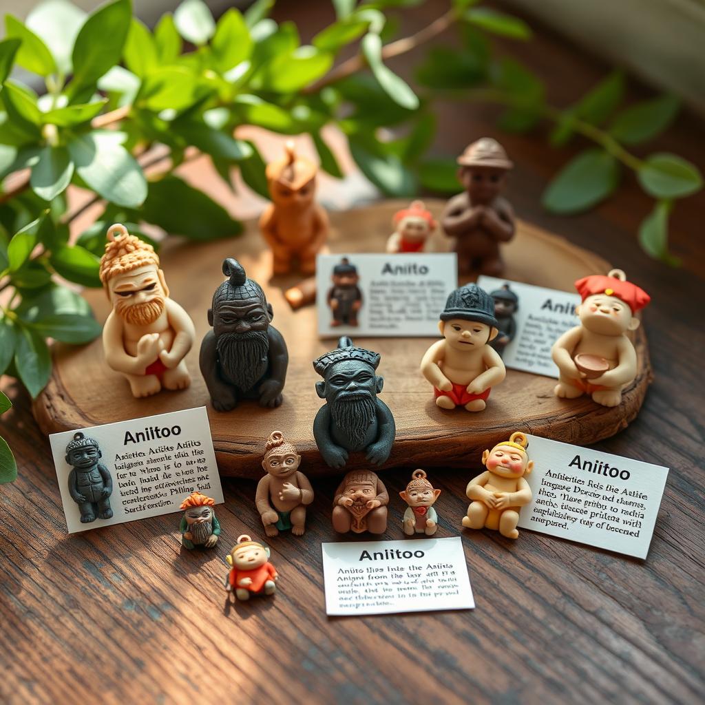 A collection of hand-sculpted Anito charms, each crafted from clay or polymer clay, featuring unique, simple, and stylized designs representing different ancestral spirits from pre-colonial Philippine mythology