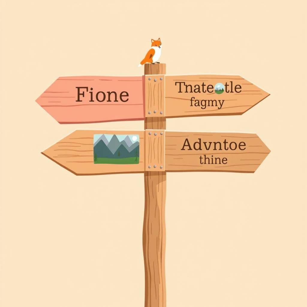 A flat and minimalist illustration of a wooden signpost featuring multiple directional arrows, each designed in warm earthy tones such as soft pink, beige, and brown