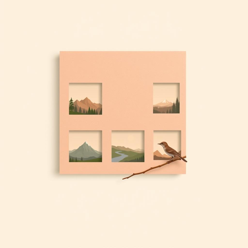 Ilustración plana y minimalista de un poste de madera con múltiples flechas direccionales, cada una en tonos cálidos y terrosos como rosa suave, beige y marrón