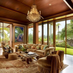 A lavish bungalow-style living room belonging to a billionaire, featuring plush tropical-themed furniture, an opulent chandelier, high-end artwork, sprawling views through a wall of glass sliders, and an inviting fireplace.