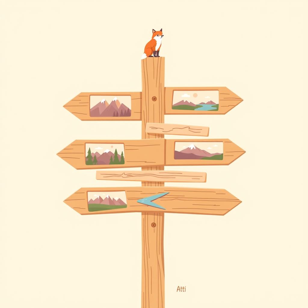 A flat and minimalist illustration of a wooden signpost featuring multiple directional arrows, each designed in warm earthy tones like soft pink, beige, and brown