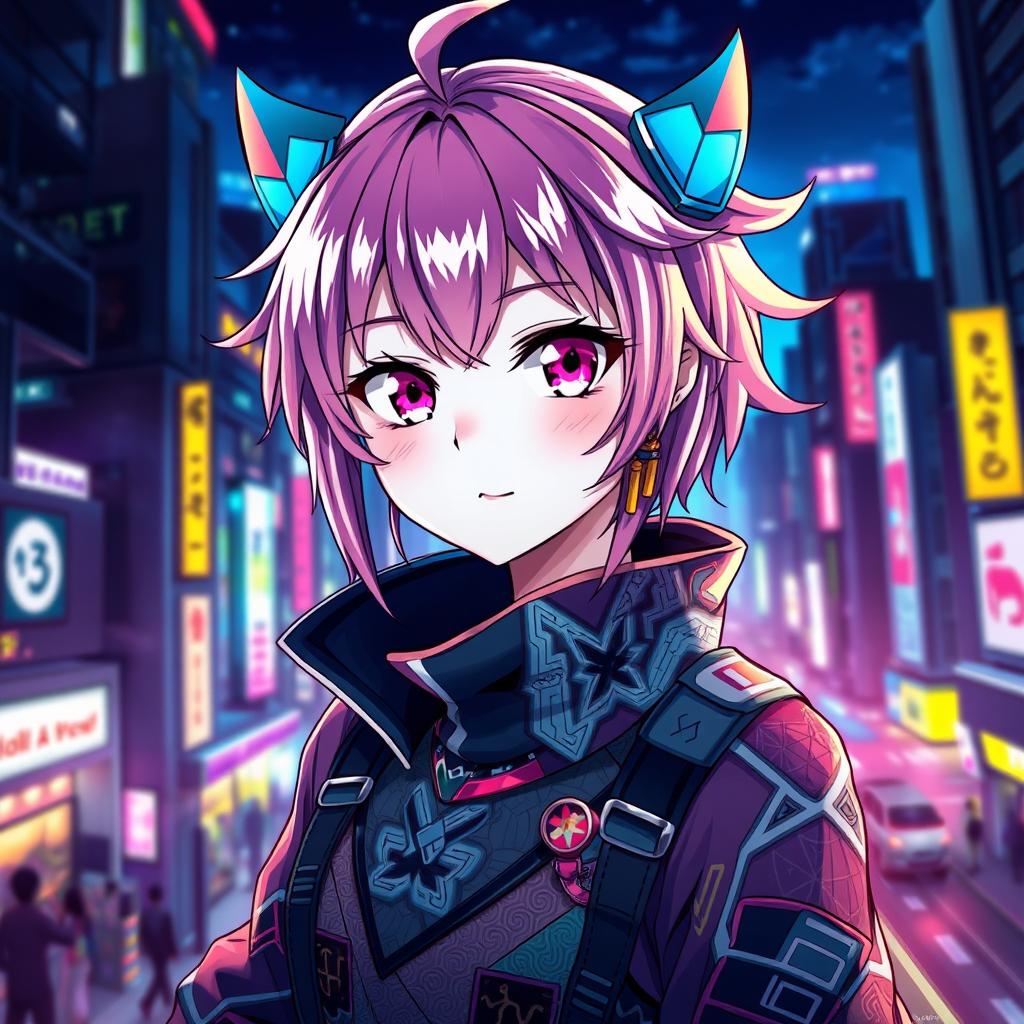 A detailed portrait of an anime character with a longitudinal design, featuring bright, expressive eyes and vibrant hair
