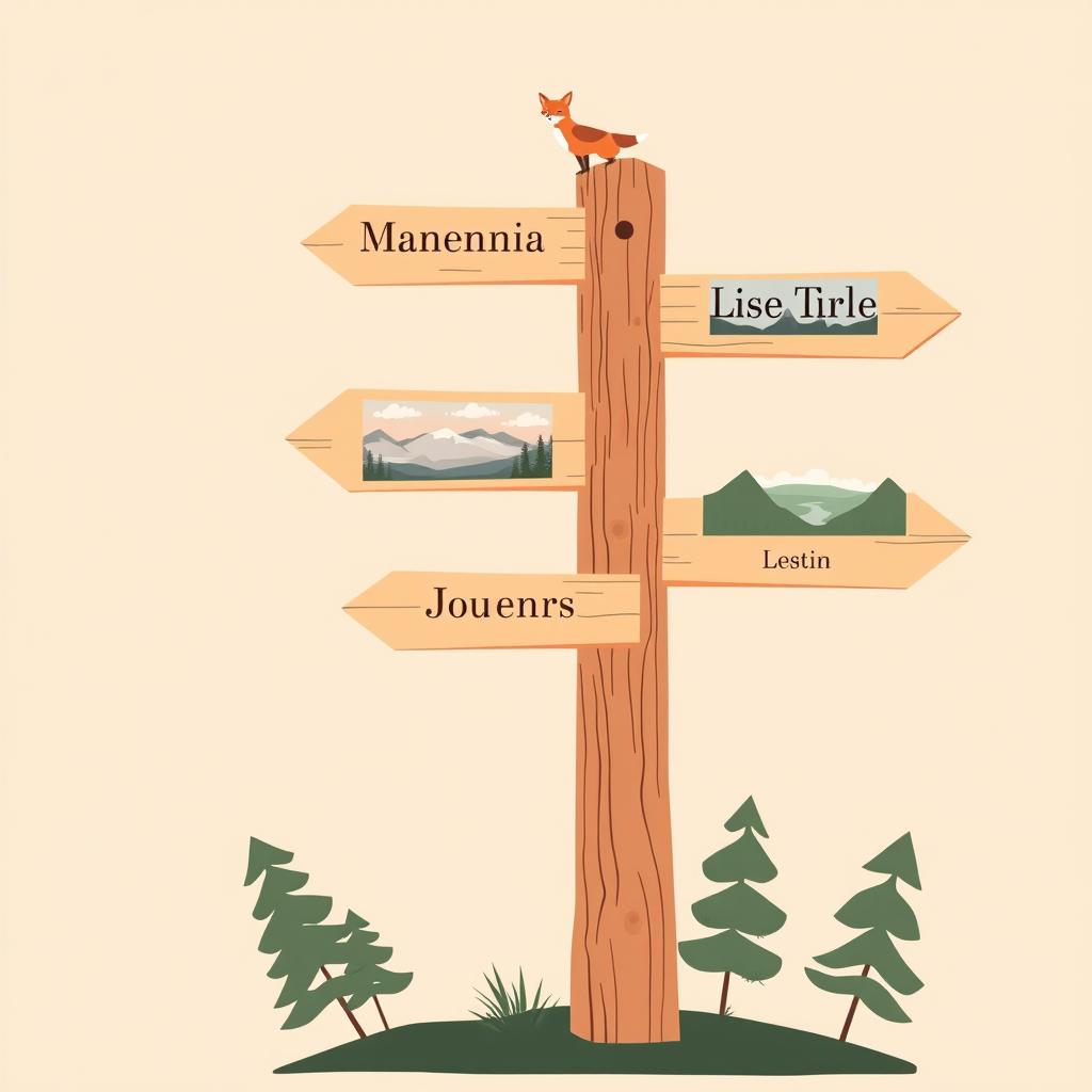 A flat and minimalist illustration of a wooden signpost with multiple directional arrows, each rendered in warm earthy tones like soft pink, beige, and brown