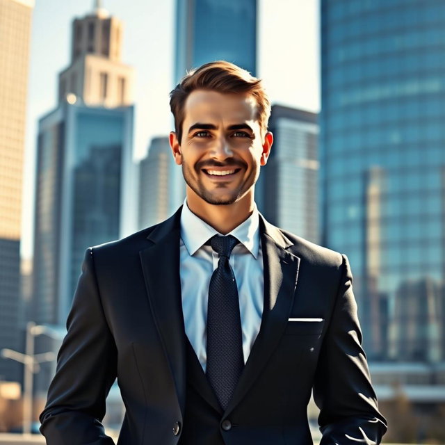 A sophisticated man in a sharp business suit standing confidently in an urban setting