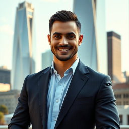 A sophisticated man in a sharp business suit standing confidently in an urban setting