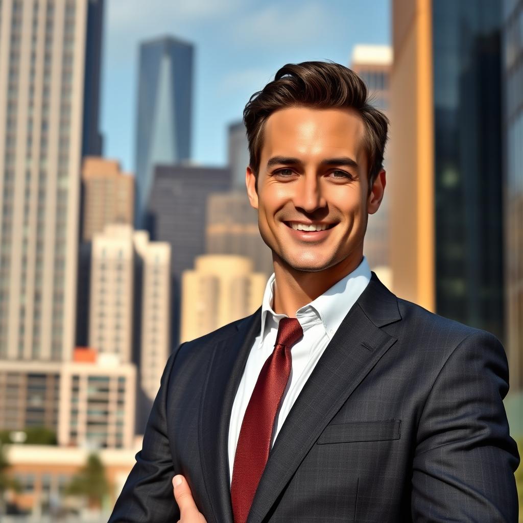 A sophisticated man in a sharp business suit standing confidently in an urban setting