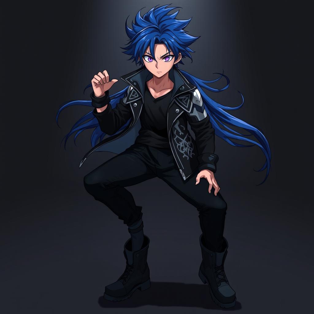 A dark-themed longitudinal character design of a boy in an anime style