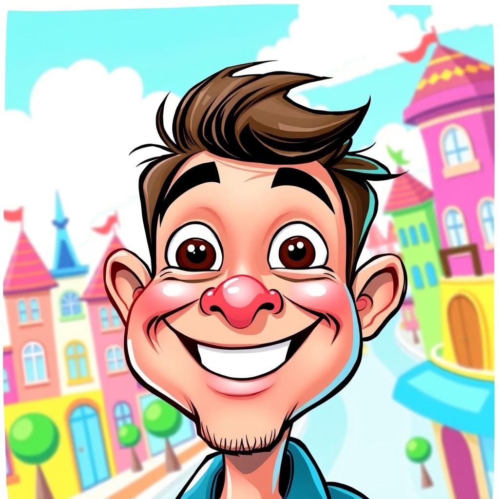 A vibrant cartoon caricature of a cheerful person with exaggerated features, including a big smile and large expressive eyes