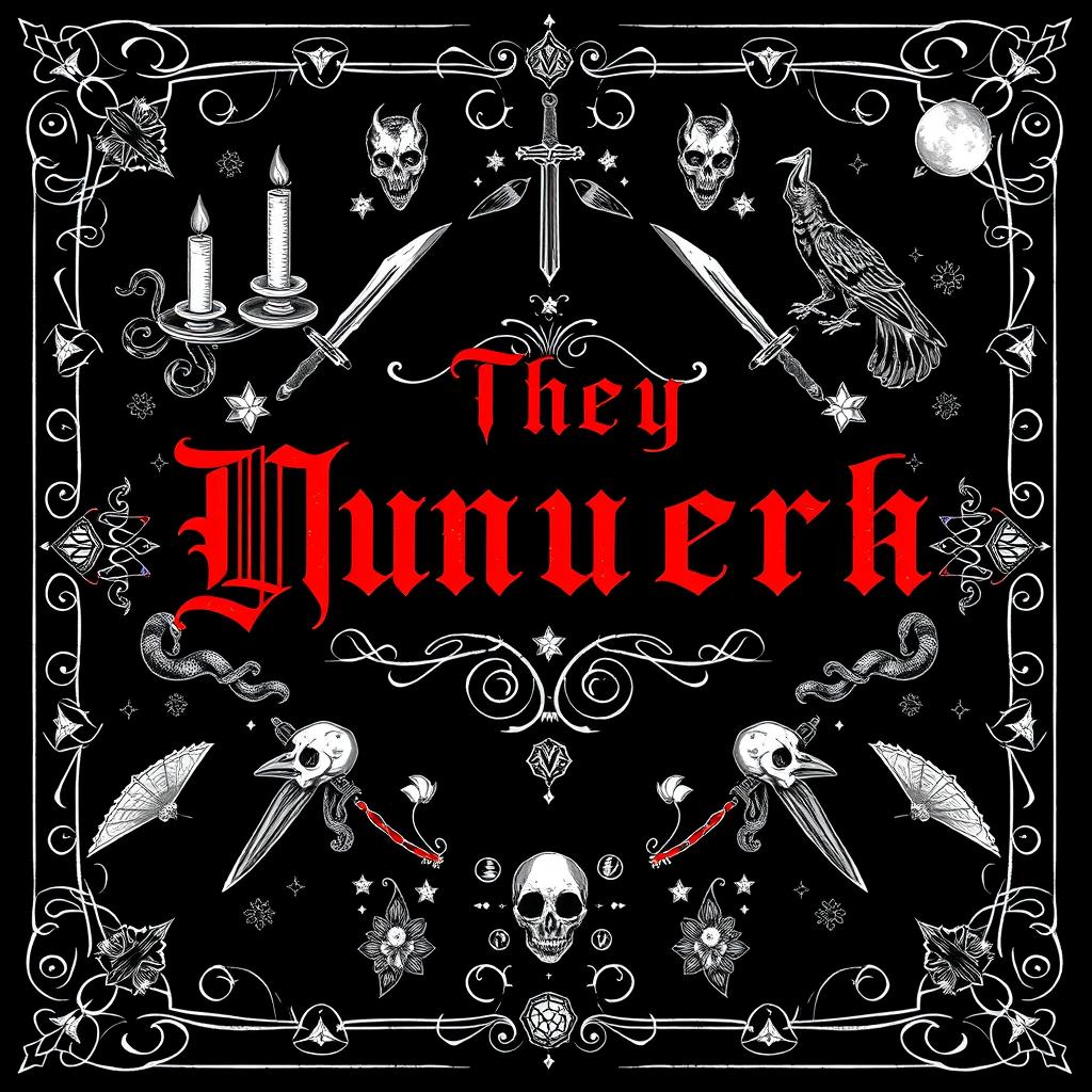 A dark, gothic-style book cover featuring a black background adorned with intricate white line-art illustrations