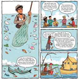 A comic strip illustrating the challenges faced in agriculture, specifically focusing on fishing