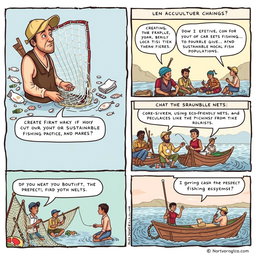 A comic strip illustrating the challenges faced in agriculture, specifically focusing on fishing