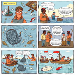 A comic strip illustrating the challenges faced in agriculture, specifically focusing on fishing