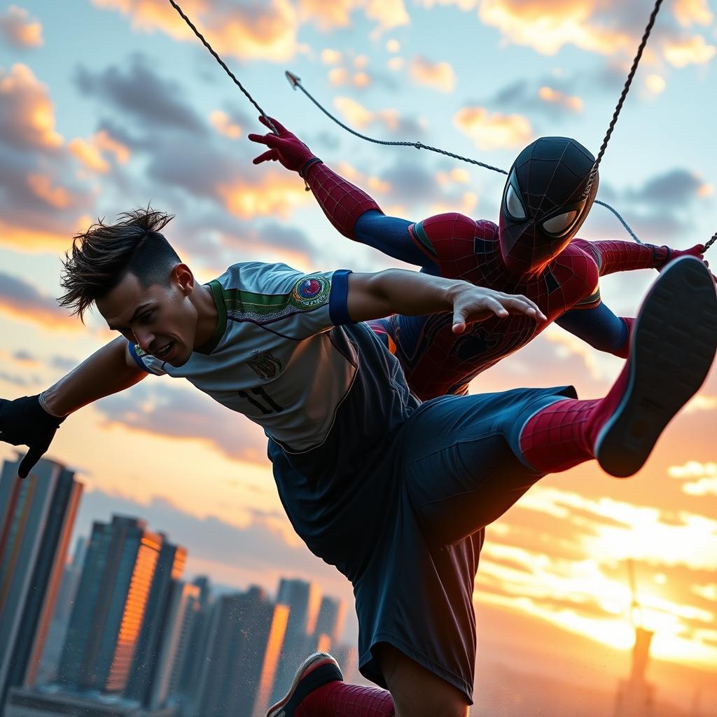 A dynamic and intense scene depicting a fierce battle between Neymar, the famous Brazilian footballer, and Spider-Man, the iconic superhero