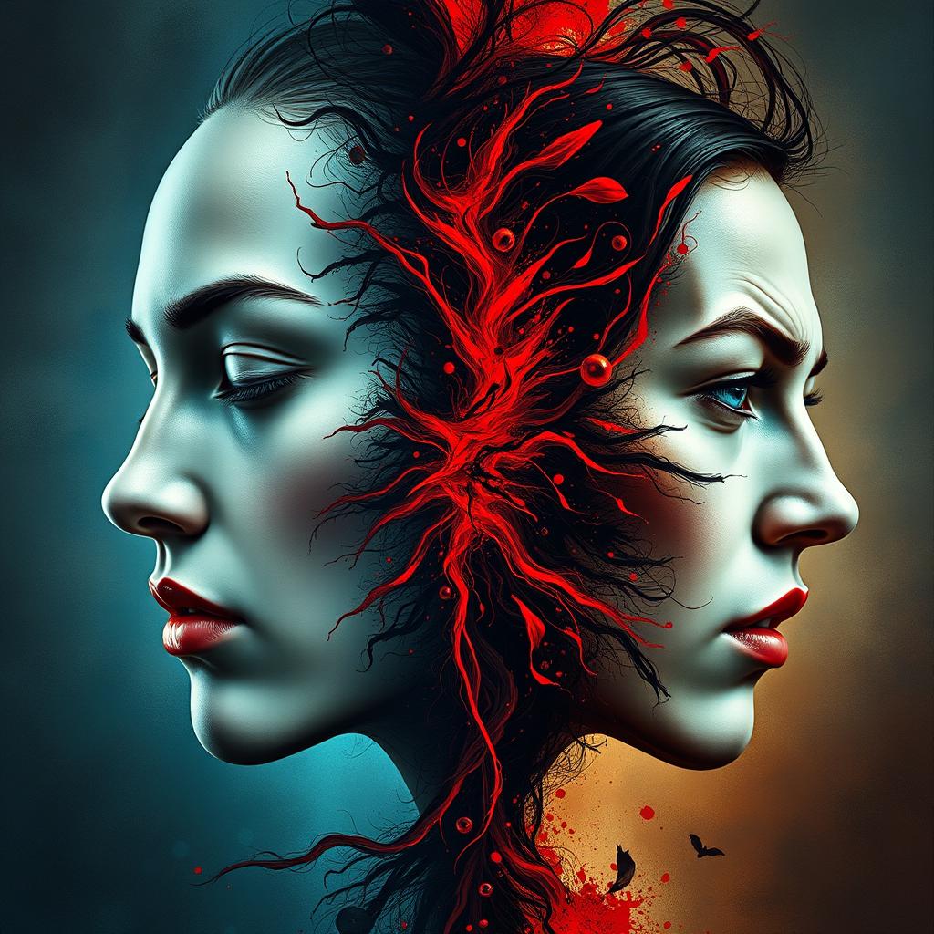 A striking image showcasing two faces merging together, symbolizing a split personality