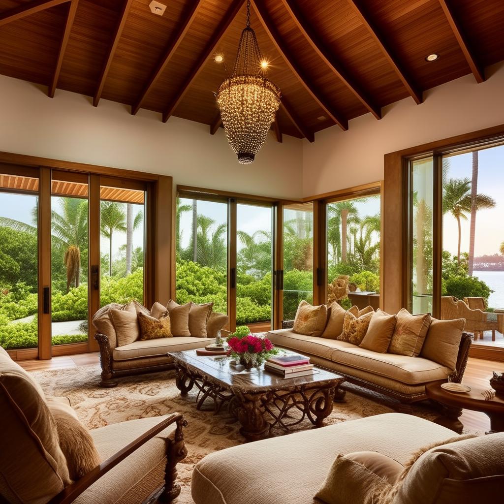 A lavish bungalow-style living room belonging to a billionaire, featuring plush tropical-themed furniture, an opulent chandelier, high-end artwork, sprawling views through a wall of glass sliders, and an inviting fireplace.