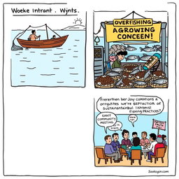 A comic strip depicting the challenges of agriculture with a particular focus on fishing