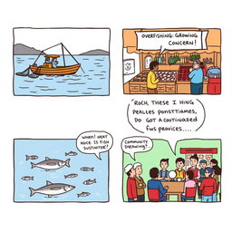 A comic strip depicting the challenges of agriculture with a particular focus on fishing