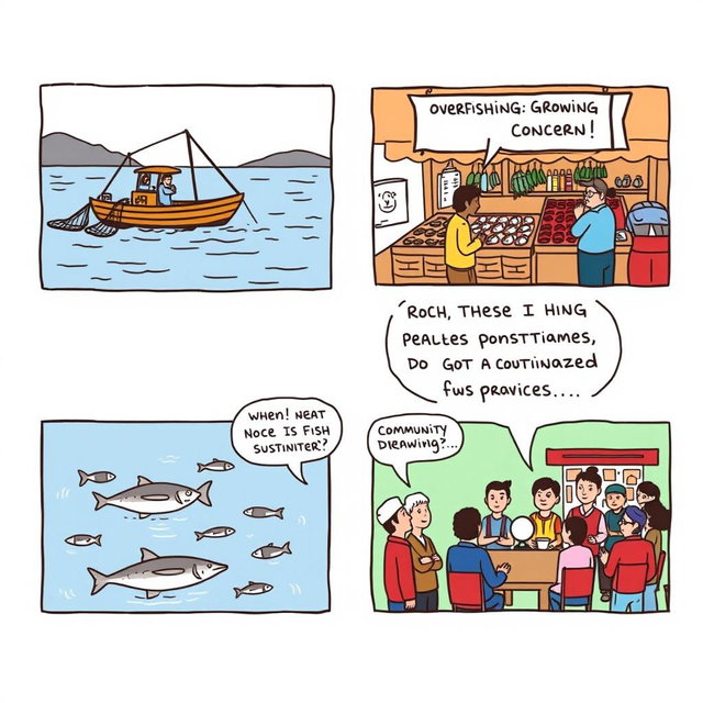 A comic strip depicting the challenges of agriculture with a particular focus on fishing